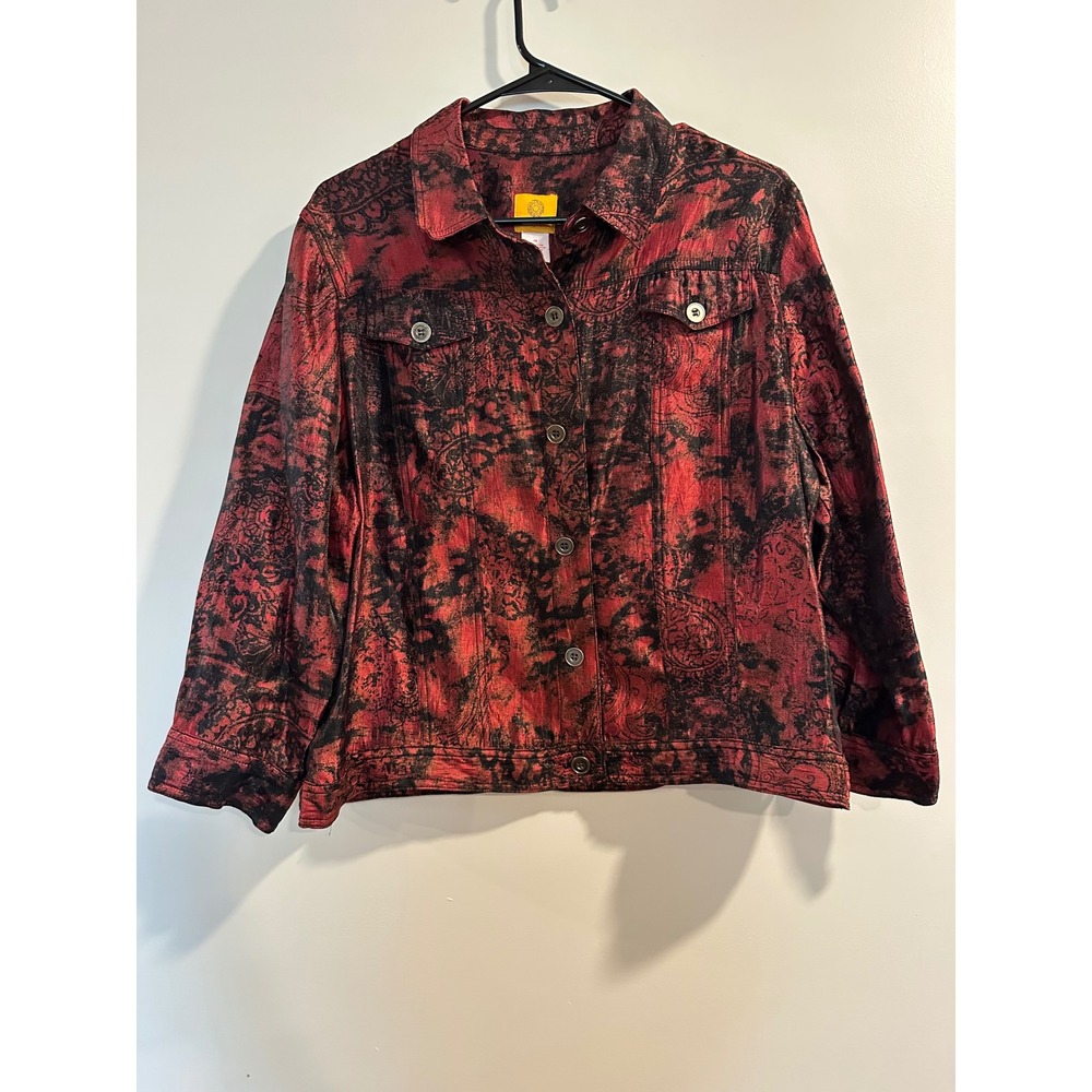 Ruby Rd Womens Red Black Metallic Paisley Button Front Jacket Size 18